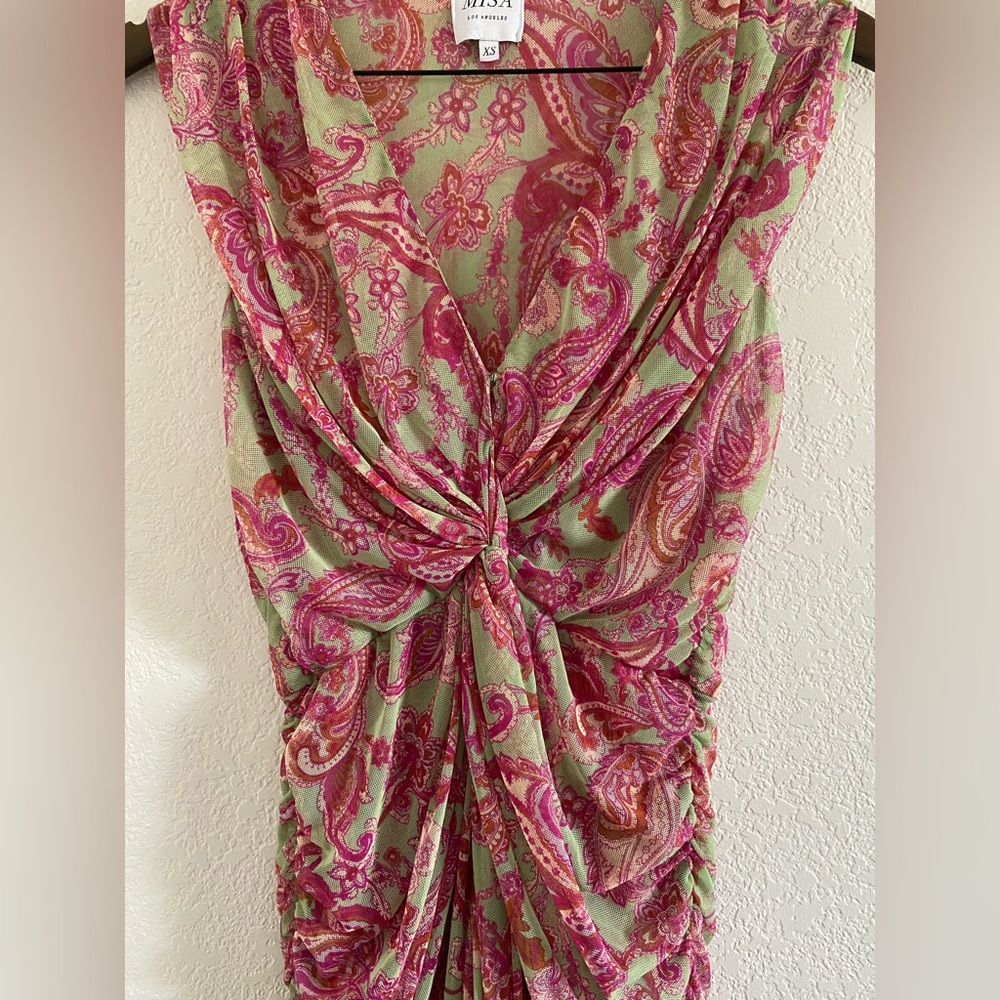 MISA LA Ava Paisley Print Stretch Maxi Dress V-Neck Tulle Size XS - Picture 3 of 12
